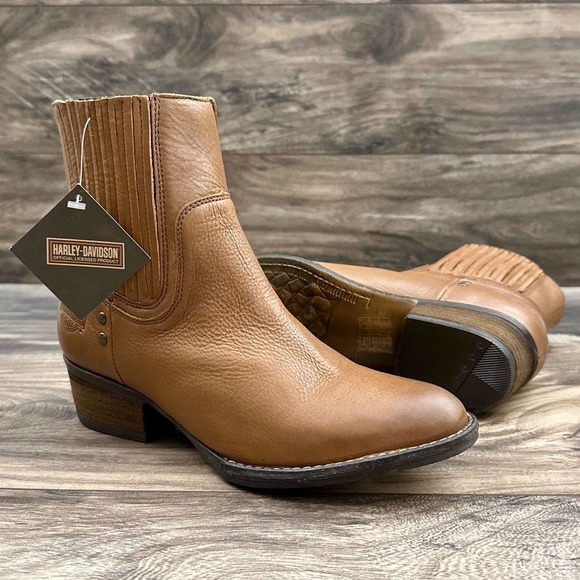 NIB Harley Davidson Lorene Gore Western Moto Ankle Leather Boots Tan 8.5M - Picture 3 of 12